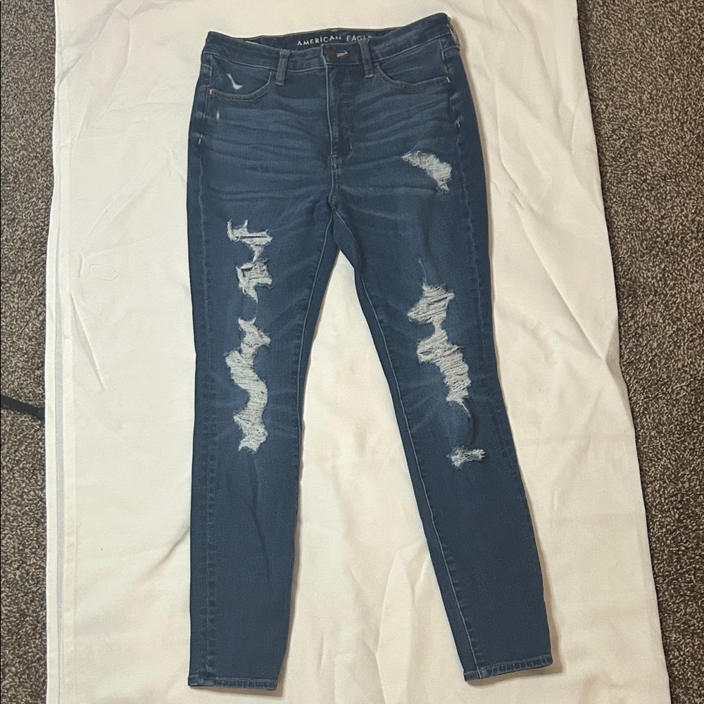 American Eagle Outfitters Women's Distressed Ripped Dark Blue Skinny Jeans